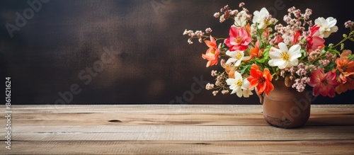 Flowers arranged in a wooden vase resting on a rustic wood table with amble copy space image available.