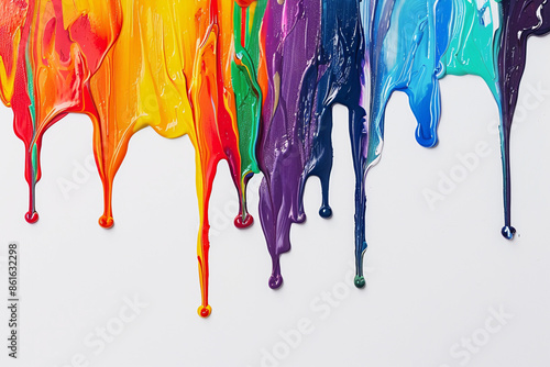 Colorful acrylic or oil paint colors dripping down on white background