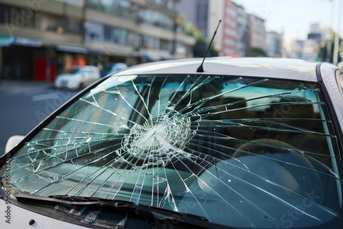 A car with severe broken windshield.