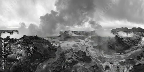 A black and white photo of a geyser erupting in the wilderness