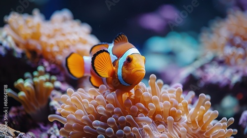 A clownfish navigates through the vibrant anemones of a reef habitat. The underwater scene showcases the marine life ecosystem, its colors, and the symbiotic relationships essential for survival.