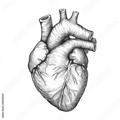 Detailed medical illustration of a human heart in grayscale, showcasing anatomical features and vascular structure on a white background.