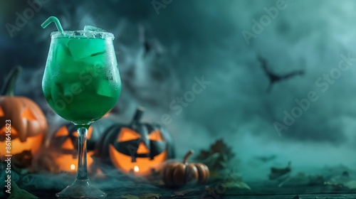 A green cocktail in a spooky Halloween setting surrounded by carved pumpkins and misty atmosphere, creating an eerie and festive ambiance for the celebration.