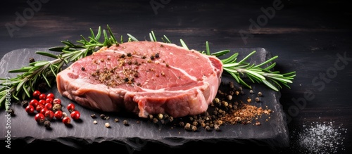 Uncooked pork steak seasoned with pepper, garlic, and rosemary on a wooden cutting board over a gray stone background, providing copy space in the image.