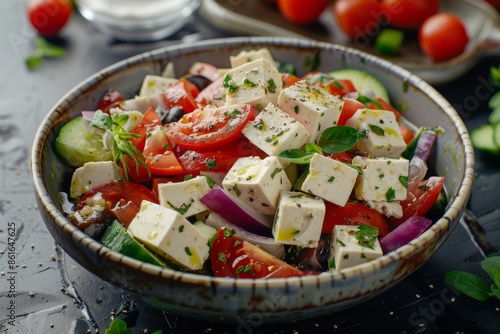 Greek salad with tofu feta in bowl on table