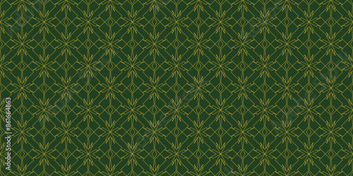 Seamless green and yellow wallpaper with an intricate geometric pattern, ideal for background designs.