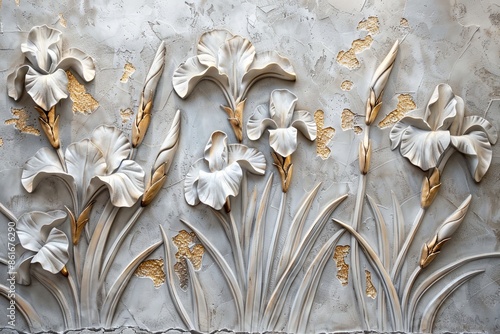 Stucco artwork of iris flowers with their distinctive petals creating a dynamic pattern across the wall.