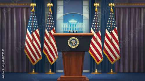 Podium with a presidential seal and American flags, set for an official address or press conference in a formal setting.