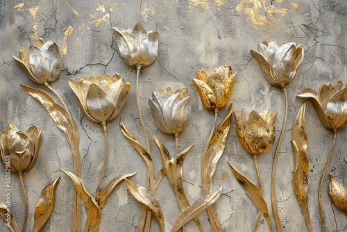 Stucco artwork of tulip blossoms forming an intricate pattern across the wall.