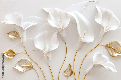 Stucco Calla Lilies with Golden Stems and Leaves: A refined 3D floral background showcasing elegant