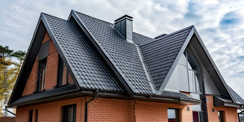 Brown Metal Tile Roof with Plastic Soffit, Attic Window, and Gutters. Concept Roof Maintenance, Attic Windows, Gutter System, Soffit Installation