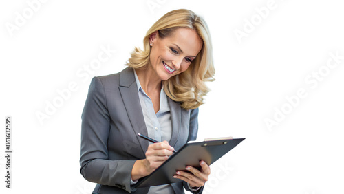 Smiling confident caucasian young businesswoman auditor writing on clipboard, signing contract document isolated in white background