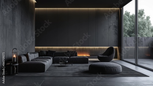 An elegant black living room, with minimalist furnishings and a monochromatic color scheme, creating a sleek and sophisticated ambiance.