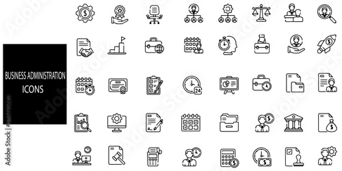 Business Administration simple concept 40 icons set. Contains such Business Suite, Office Hub, Admin Pro, Corporate Connect, Enterprise Center, Biz Solutions, Management Hub, Comm.Vector illustration.