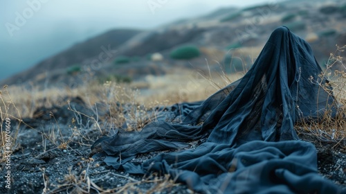 The fabric on the mountaintop is a stark contrast to the barrenness around it a sign of life and movement in an otherwise still environment.