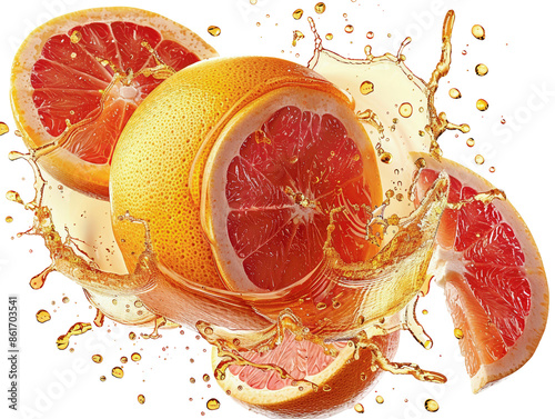 Fresh grapefruit slices splash in a burst of juice, creating a vibrant and energetic composition.