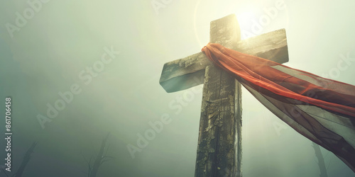 The Cross and the Red Cloth: Love and Sacrifice. Cross with red cloth in the mist and light.