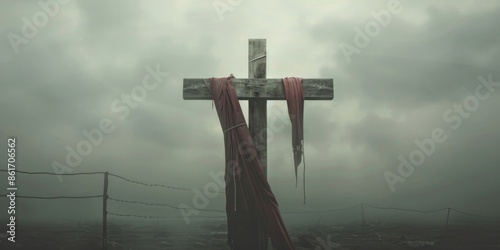 The Cross and the Red Cloth: Love and Sacrifice. Wooden cross with red cloth in foggy day. 