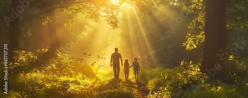 A family enjoying a scenic hike through a lush forest, with sunlight filtering through the trees and birds chirping overhead.