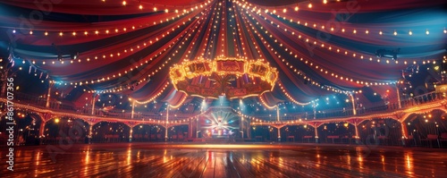 A circus tent where performers execute incredible tricks against a backdrop of bright lights and music.