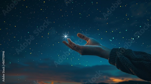 Hand reaching out to touch a star in the night sky, symbolizing dreams, aspirations, and the vastness of the universe under a starry sky.