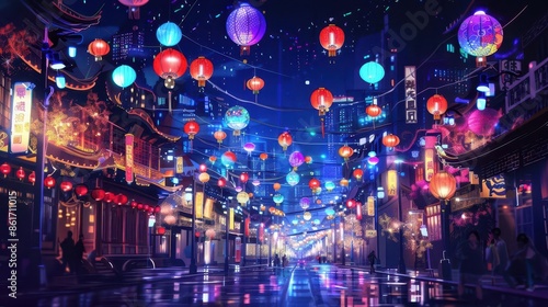 vibrant hanging lanterns illuminate festive chinatown street at night colorful cultural digital illustration