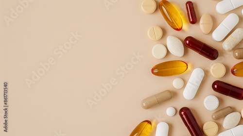 Assorted dietary supplements spread out on a beige background, large copy space available, perfect for health and nutrition promotions, elegant and simple design