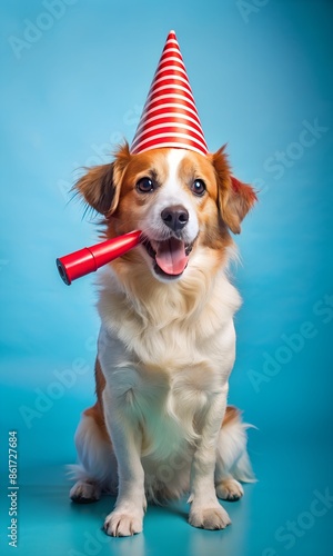 Cute dog celebrating with red pary hat and blow-out against a blue background and copy space to side