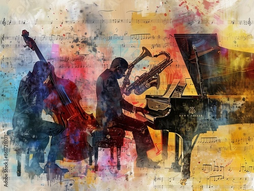 people playing music instruments, piano, contrabas, sax, musicpaper, cubic painting style, musicnotes in the background, colorfull, art