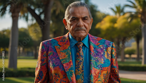 Tito, a 70 year old man, hispanic, grey hair, brown eyes, wearing colorful suit.