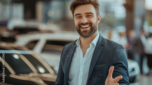 Vendedor de carros bonito e confiante no centro da concessionária, sorrindo e gesticulando