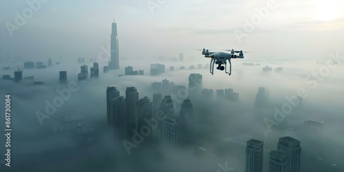 Cityscape shrouded in fog observed through drone surveillance under continuous monitoring. Concept Cityscape, Fog, Drone Surveillance, Continuous Monitoring