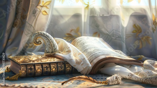 Wonderful Day of atonement Yom Kipur, jewish holidays symbols White prayer shawl tallit, prayer book