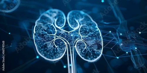 Human kidney in blue tech background with empty space and connections. Concept Human Anatomy, Medical Technology, Innovations, Blue Background, Connections