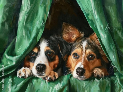 Two playful dogs peeking out from green curtain onto cozy surface