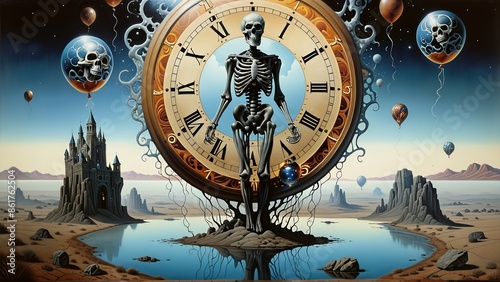 Calavera en un reloj, representando lo efímero del tiempo, y la inevitable llegada de la muerte
