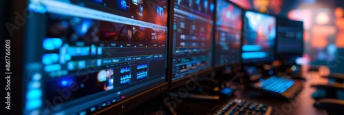 A close-up photo of a dual monitor setup in a video editing studio, showcasing the intricate details of the editing process