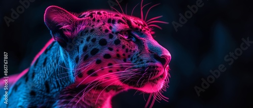 Glowing panther, neon blue and pink, dark background, digital art