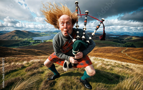 A proud Scottish man humorously playing bagpipes on a windy hill with a flapping kilt.