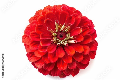 A lively zinnia with bright, layered petals in a vivid red color isolated on a white background