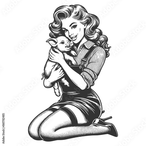 woman lovingly holding a cute piglet, combining retro charm and animal affection sketch engraving generative ai fictional character raster illustration. Scratch board imitation. Black and white image.