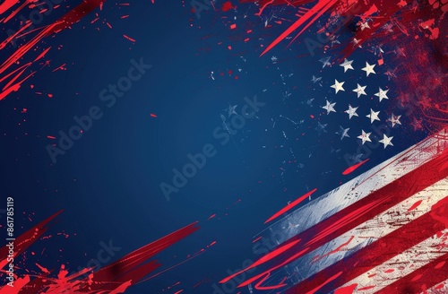 Blue and red background with stars, red banner USA flag design for political campaign poster or advertising template, copy space Generative AI