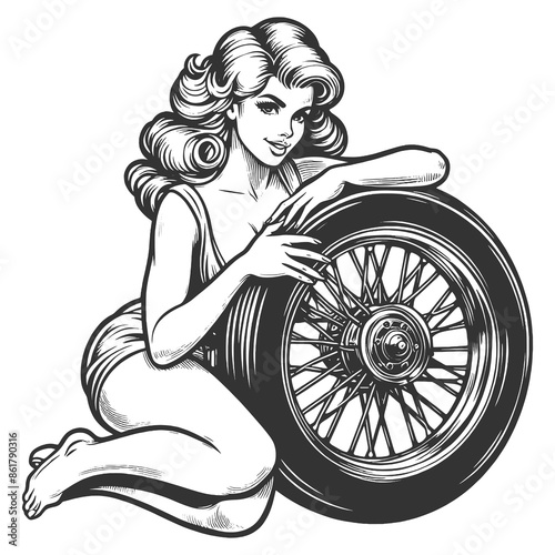 pin-up girl posing with a classic car wheel, showcasing vintage automotive charm sketch engraving generative ai fictional character raster illustration. Scratch board imitation. Black and white image.