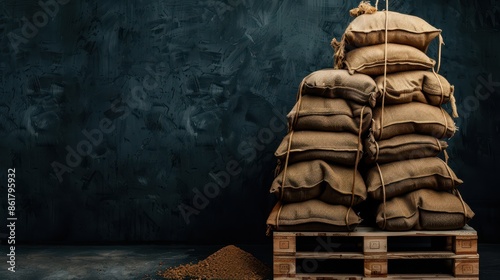 A stack of burlap sacks on a wooden pallet against a rustic dark backdrop, representing agriculture or storage concept.
