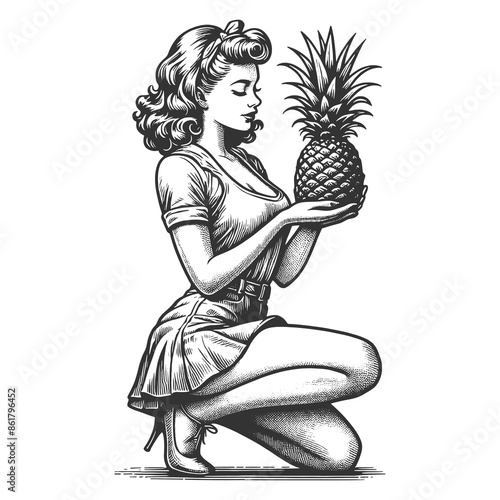 woman kneeling and holding a pineapple, intricate details and nostalgic charm sketch engraving generative ai fictional character raster illustration. Scratch board imitation. Black and white image.