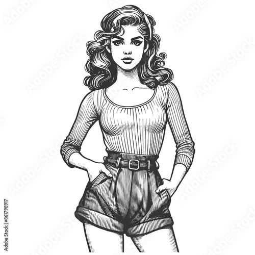 stylish girl woman fashion model with wavy hair sketch engraving generative ai fictional character raster illustration. Scratch board imitation. Black and white image.