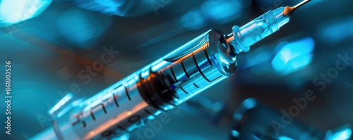 Close-up of a medical syringe filled with a blue liquid, symbolizing a vaccine, against a bokeh background. Free copy space for text.