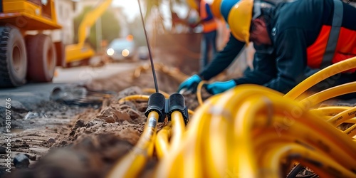 Installing fiber optic cables at a busy construction site. Concept Construction Challenges, Fiber Optic Cables, Project Management, Safety Precautions, Site Logistics