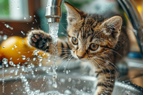 Funny little cat wants to drink and play with aqua. Cute, fluffy kitten drinking water from kitchen sink faucet. Healthy food diet for animals Benefits and save of water. Pet health concept .