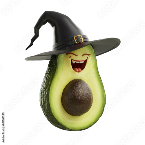 A whimsical depiction of a halved avocado wears a witch's hat and has a playful face drawn with the word Avocadabra